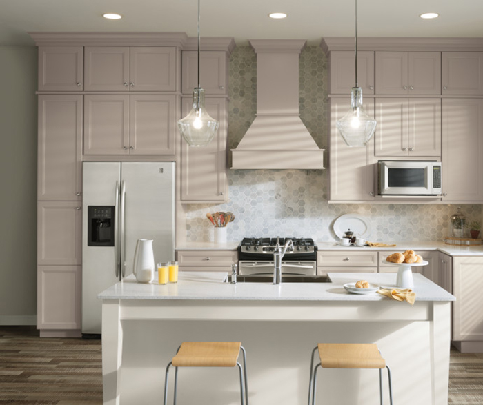 Two Tone Kitchen with Gray Cabinets and a White Island