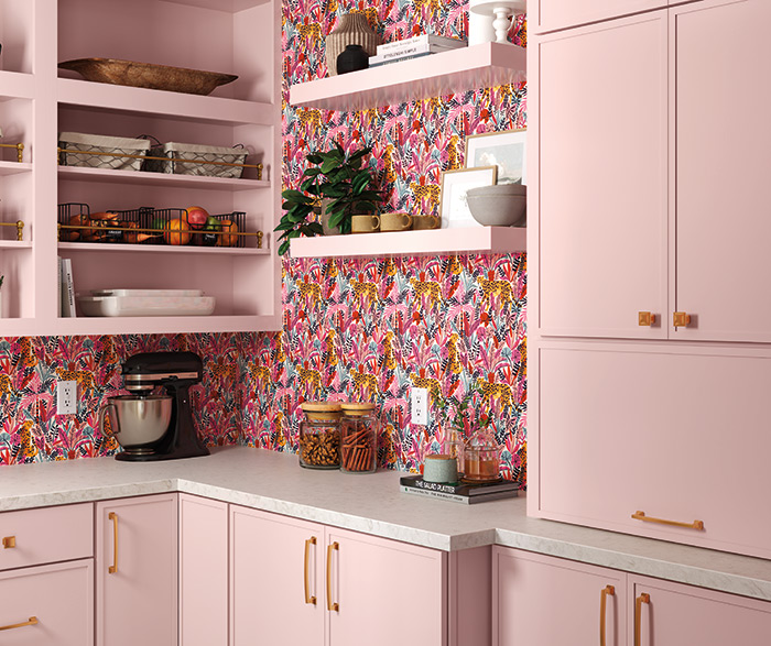 pink kitchen cabinets with open front cabinets and floating shelves