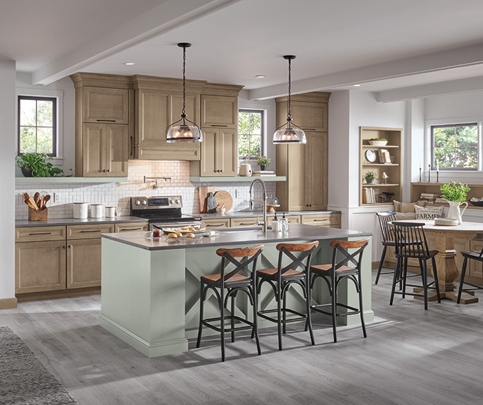 On-Trend Kitchen with Blue-Green Island Cabinets