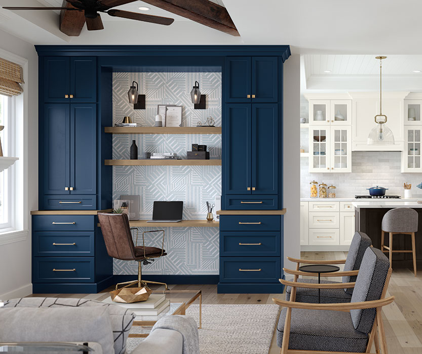 Home Office with Built-In Blue Desk Cabinets