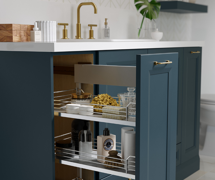 Blue Bathroom Vanity with Gold Hardware