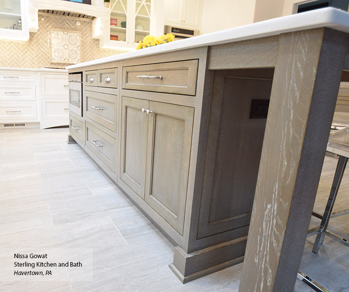 White Inset Cabinets with a Gray Kitchen Island