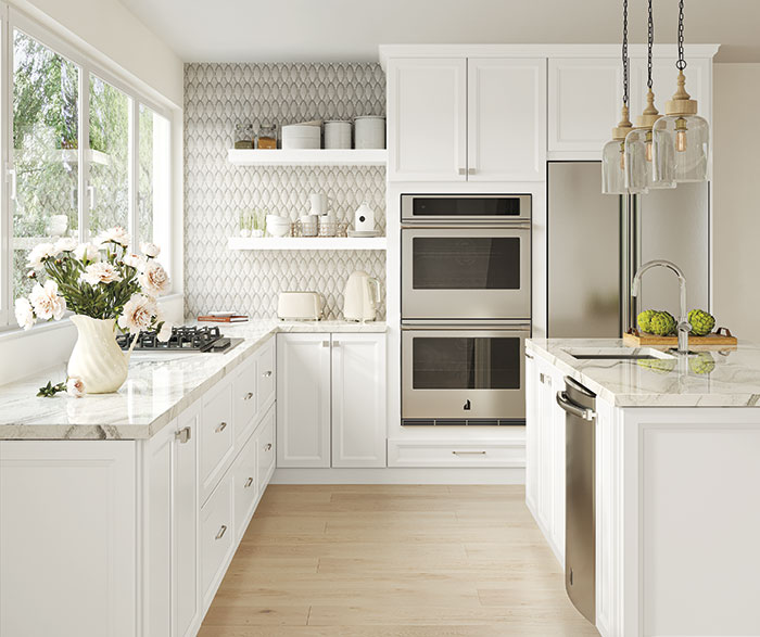 white shaker cabinets in light airy modern kitchen