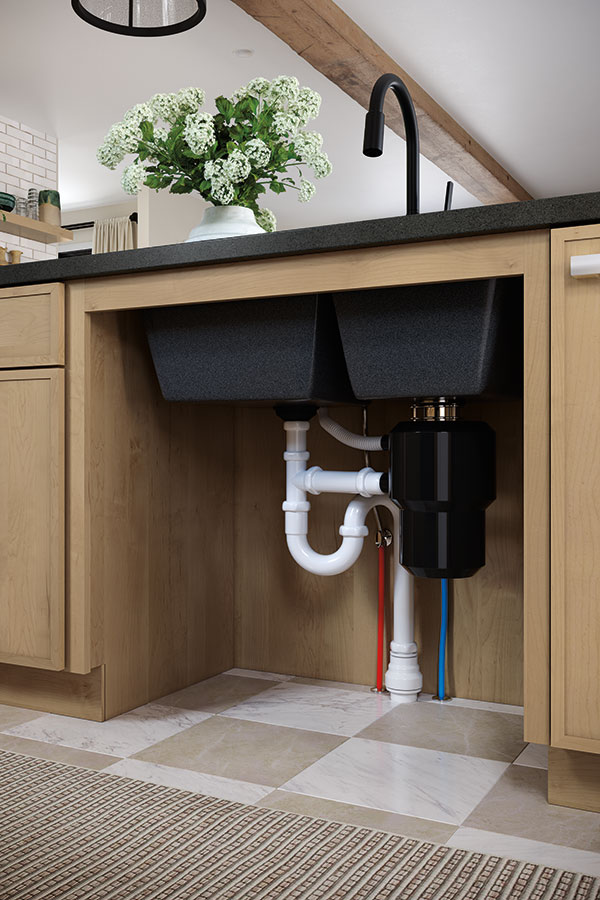 universal access sink base with removable front in natural wood